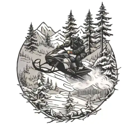 A snowmobiler racing through a snowy forest with mountains in the background tattoo design idea