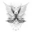  create a realistic black and white tattoo of a harpy eagle with a skull tattoo design idea