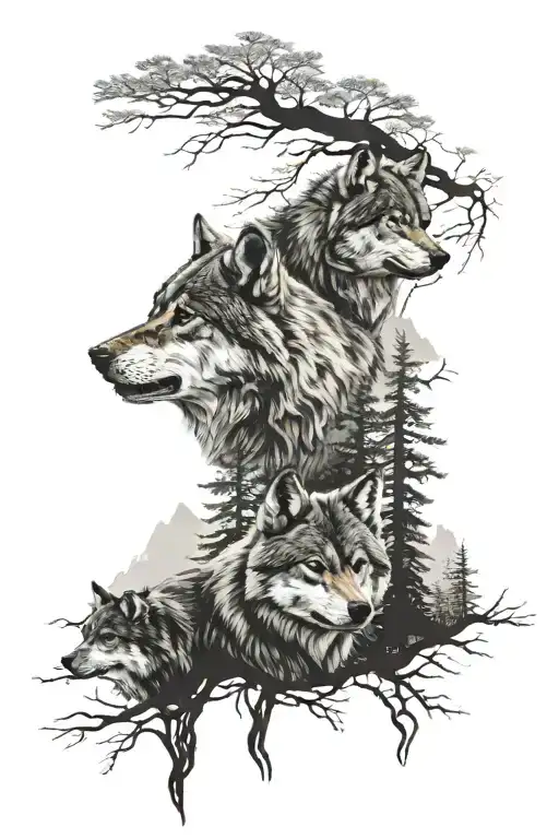 Two wolves and a wolf cub against the background of a forest in the mountains tattoo design idea