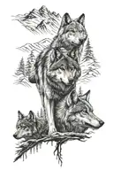 Two wolves and a wolf cub against the background of a forest in the mountains tattoo design idea