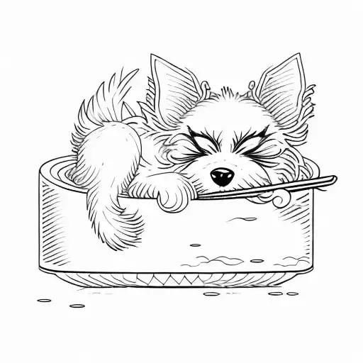 a black cartoon terrier with scraggly hair sleeping on a square of sushi rice tattoo design idea