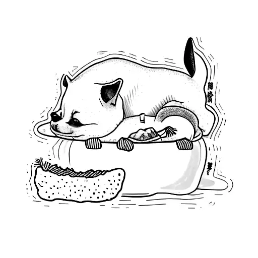 a black cartoon terrier with scraggly hair sleeping on a sushi roll tattoo design idea