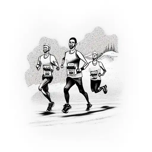 3 marathon runners running through mountains tattoo design idea