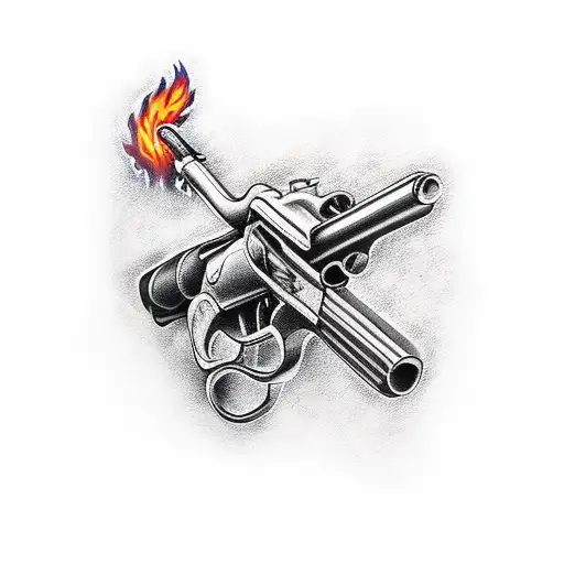 fist, revolver, flames tattoo design idea