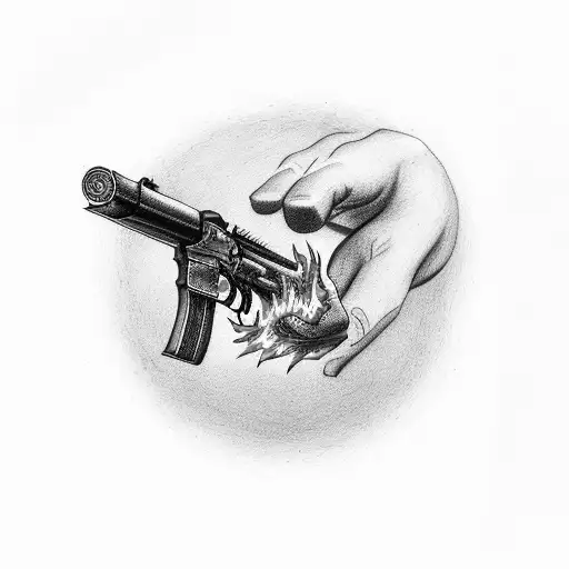 fist with flames warming up a revolver magazine with one bullet tattoo design idea