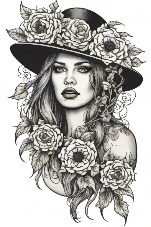 woman with flowers in buffalo head hat with intimidating look tattoo design idea