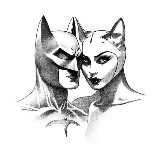 A minimalist tattoo of a suggestive silhouette of Batman and Catwoman embracing tattoo design idea