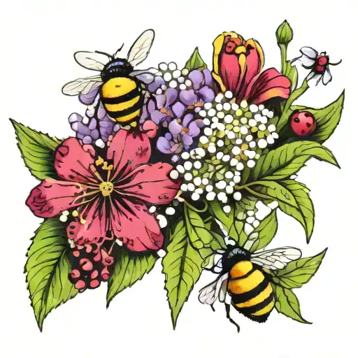 bouquet of Violet & Primrose & Lily of the Valley & Hawthorn include a bee and three ladybugs tattoo design idea