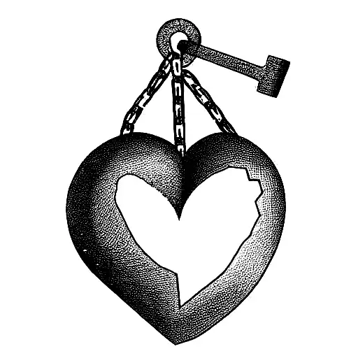 badly cracked heart protected by chains with a key lock  tattoo design idea