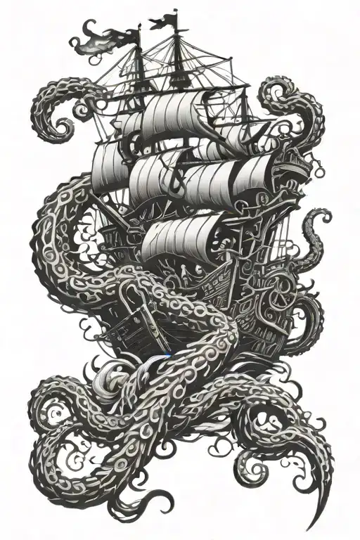 kraken crushing pirate ship with tentacles and more tentacles stretched in opposite directions  tattoo design idea