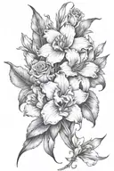 gladiolous flowers grouped with daffodil and red rose  tattoo design idea