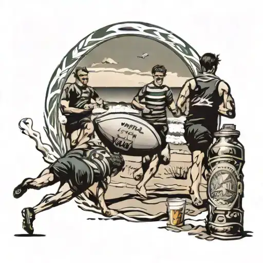 beach with boys running away passing a rugby ball and two beer bottles sitting in the same  tattoo design idea