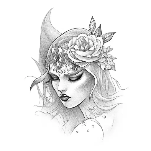 dark witchy pretty shapes feminine floral goddess tattoo design idea