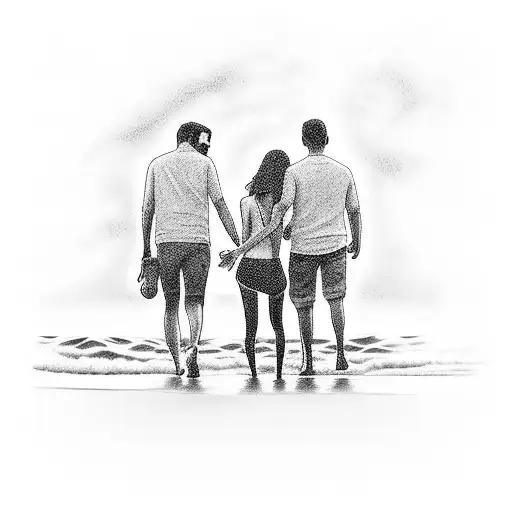 A serene beach sunset with the client's favorite book characters walking along the shore, including Sophia, Eli, and Jett tattoo design idea
