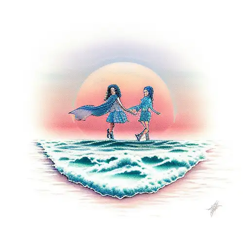 A serene beach sunset with the client's favorite book characters walking along the shore, including Sophia, Eli, and Jett tattoo design idea