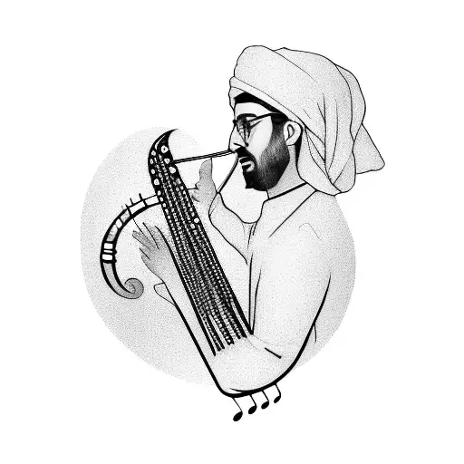 A surrealistic portrait of ناصر رزازی playing a musical instrument tattoo design idea