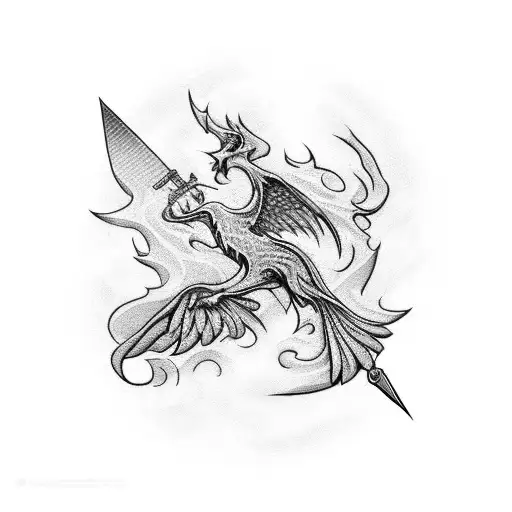 A phoenix and sword intertwined in a blackwork design, symbolizing rebirth and strength with a personal styling influence tattoo design idea