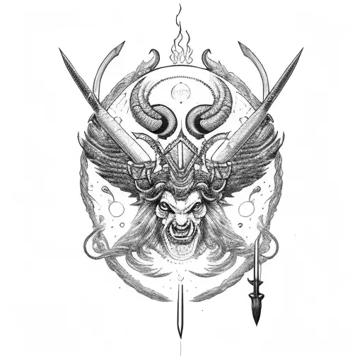 Aries with sword and fire and phoenix  tattoo design idea