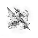 A phoenix and sword intertwined in a blackwork design, symbolizing rebirth and strength with a personal styling influence tattoo design idea