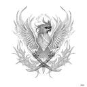 A phoenix and sword intertwined in a blackwork design, symbolizing rebirth and strength with a personal styling influence tattoo design idea