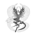 A phoenix and sword intertwined in a blackwork design, symbolizing rebirth and strength with a personal styling influence tattoo design idea