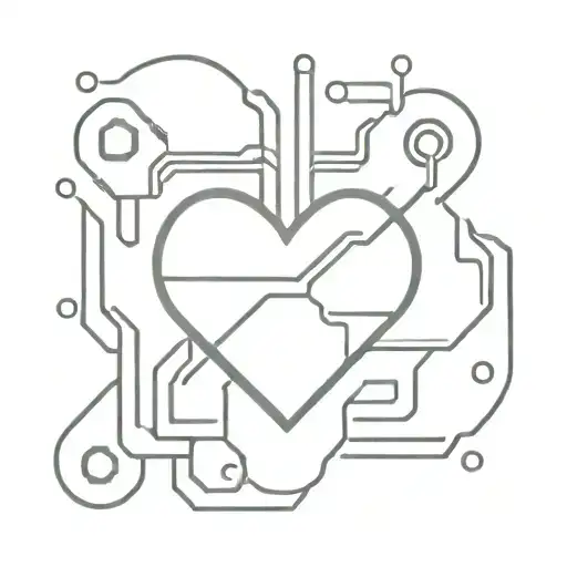 A minimalist tattoo design of a circuit board heart with a subtle military camouflage pattern, reflecting the client's passion for technology and their background as a veteran. tattoo design idea