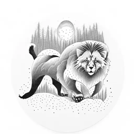 Lion, fox, bear, red panda in an evergreen forest under a beautiful sunset tattoo design idea