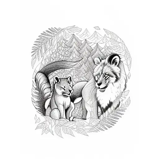 Lion, fox, bear, red panda in an evergreen forest under a beautiful sunset tattoo design idea