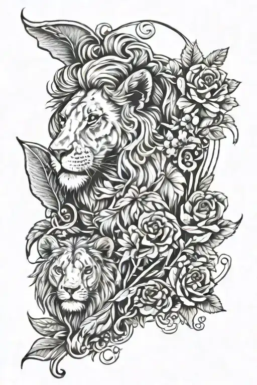female lion, baby lion, libra, virgo, capricorn, aries tattoo design idea