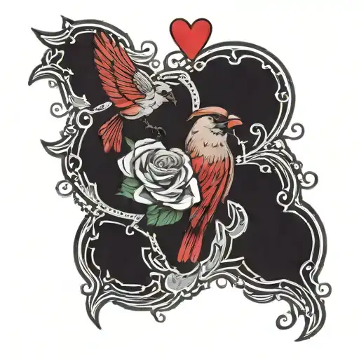 world with a small red cardinal inside, a hand showing I love you, a strong girl symbol and a pounding heart, all inside tattoo design idea