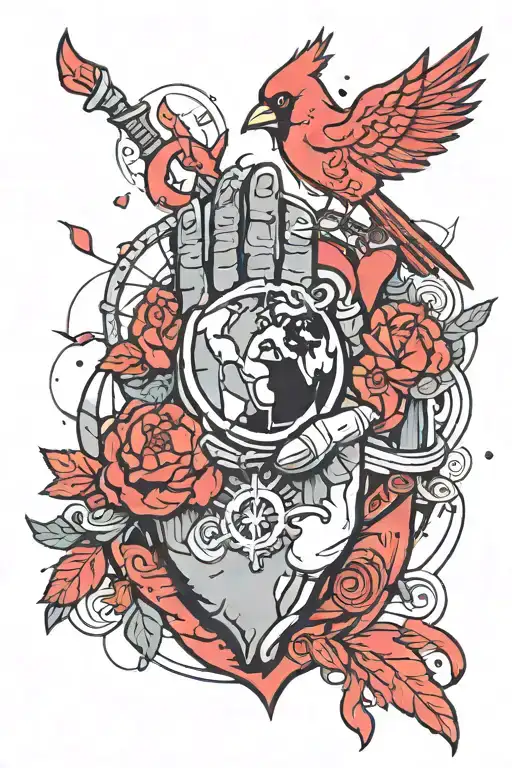 world with a small red cardinal inside, a hand showing I love you, a strong girl symbol and a pounding heart, all inside tattoo design idea