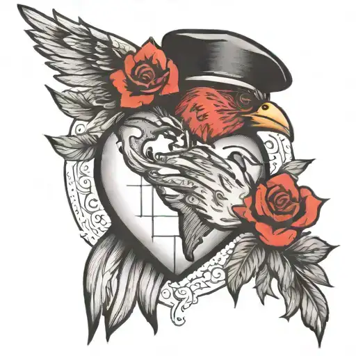 world with a small red cardinal inside, a hand showing I love you, a strong girl symbol and a pounding heart, all inside tattoo design idea