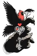 world with a small red cardinal inside, a hand showing I love you, a strong girl symbol and a pounding heart, all inside tattoo design idea