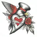 world with a small red cardinal inside, a hand showing I love you, a strong girl symbol and a pounding heart, all inside tattoo design idea