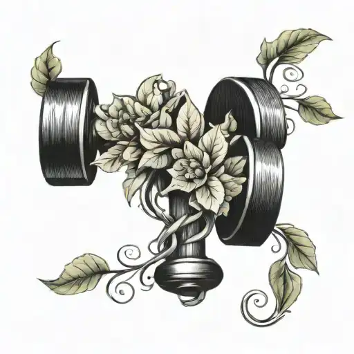 A stylized dumbbell intertwined with a vine of fresh vegetables tattoo design idea