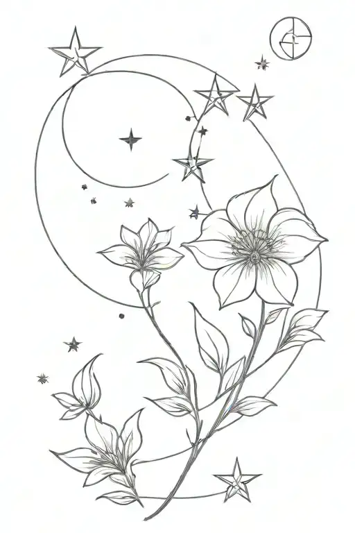 Elegant female tattoo with a single wildflower stem with delicate blossoms, crescent moon, lots of stars, and geometric  tattoo design idea