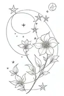 Elegant female tattoo with a single wildflower stem with delicate blossoms, crescent moon, lots of stars, and geometric  tattoo design idea