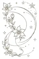 Elegant female tattoo with a single wildflower stem with delicate blossoms, crescent moon, lots of stars, and geometric  tattoo design idea