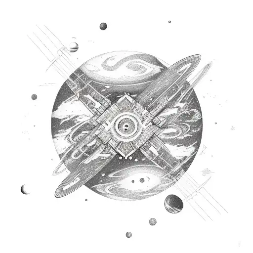 A bridge connecting multiple planets floating in a cosmic lake tattoo design idea