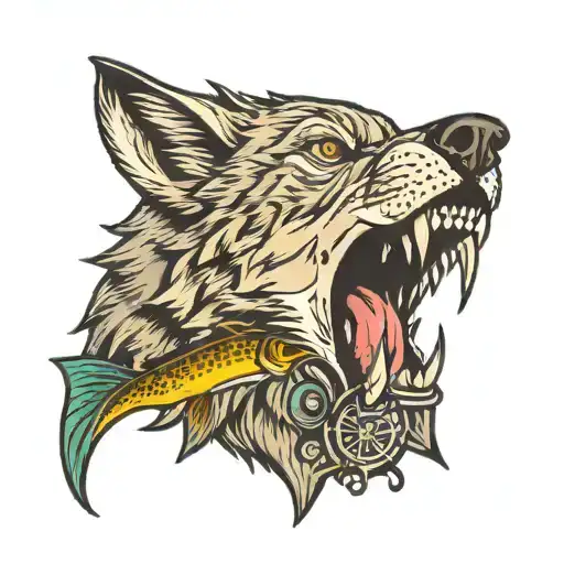 Wolf with a trout in its mouth in a badge surrounded tattoo design idea
