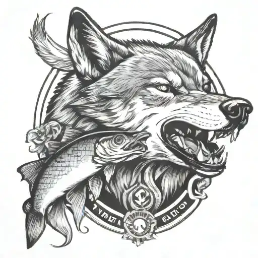 Wolf with a trout in its mouth in a badge surrounded tattoo design idea