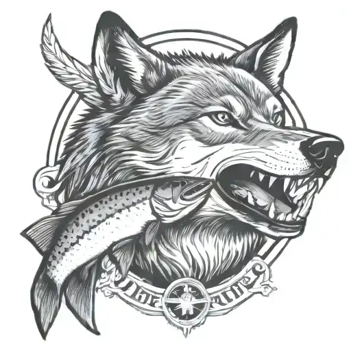 Wolf with a trout in its mouth in a badge surrounded tattoo design idea