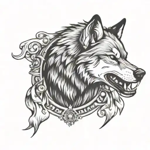 wolf with trout in mouth in a badge  tattoo design idea