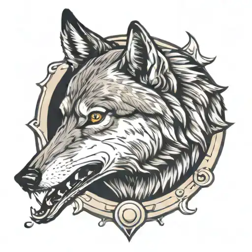 Wolf with a trout in its mouth in a badge surrounded tattoo design idea