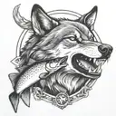 Wolf with a trout in its mouth in a badge surrounded tattoo design idea