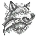 Wolf with a trout in its mouth in a badge surrounded tattoo design idea