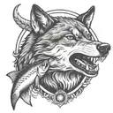 Wolf with a trout in its mouth in a badge surrounded tattoo design idea