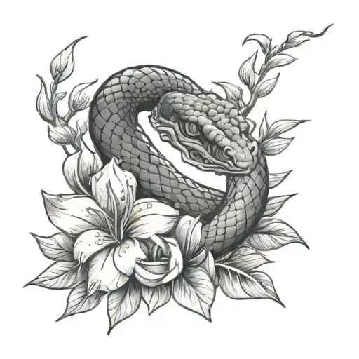 Snake, full moon and rhododendron tattoo design idea