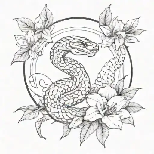 Snake, full moon and rhododendron tattoo design idea