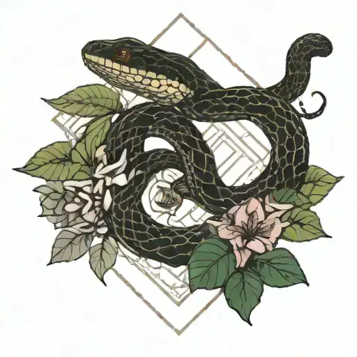 Snake, new moon and rhododendron tattoo design idea